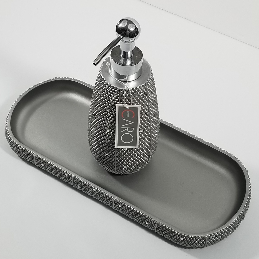 Caro Bathroom Soap Dispenser and Tray Silver NWT